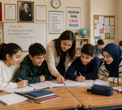 Sınıfta ders çalışan ilkokul, ortaokul ve lise öğrencileri